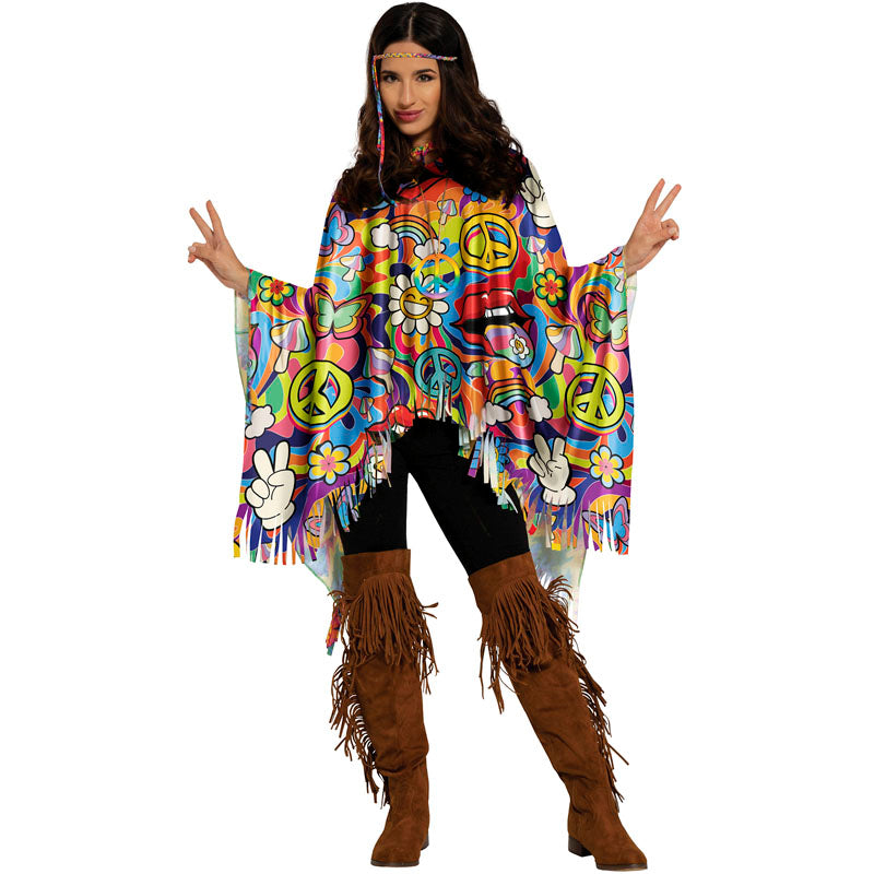 Disfraz de Poncho Hippie Peace and Love para mujer