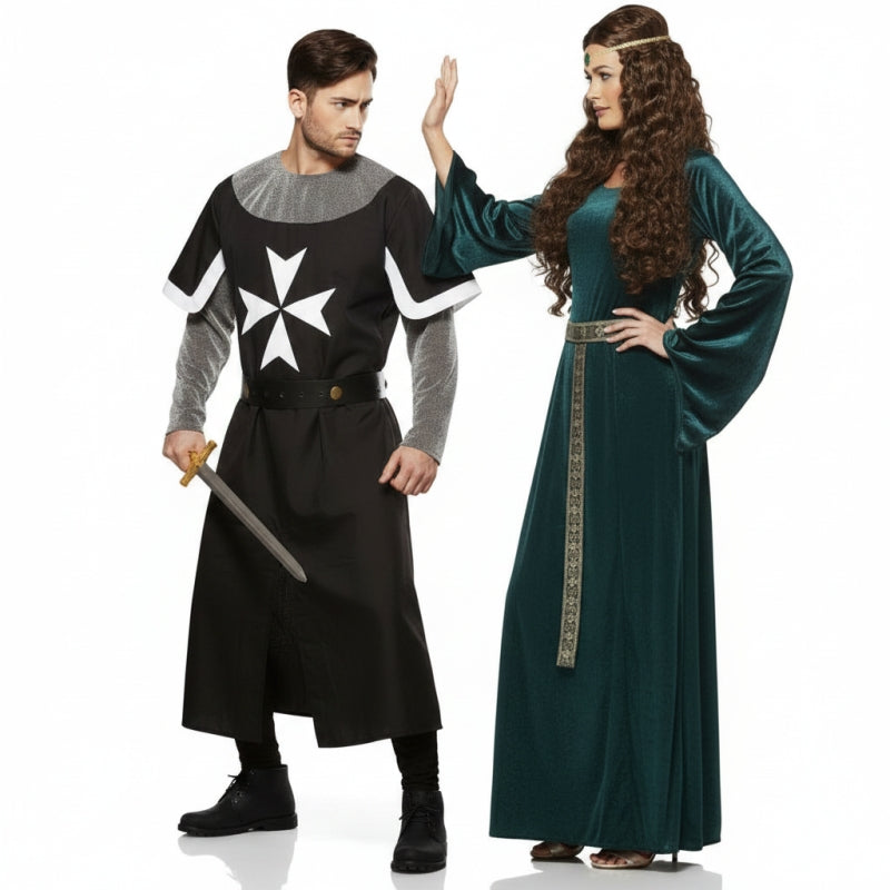 Fatos de casal cruzados e rainha medieval
