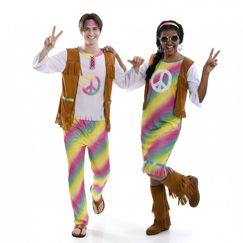 Fatos de casal hippies de arco-íris