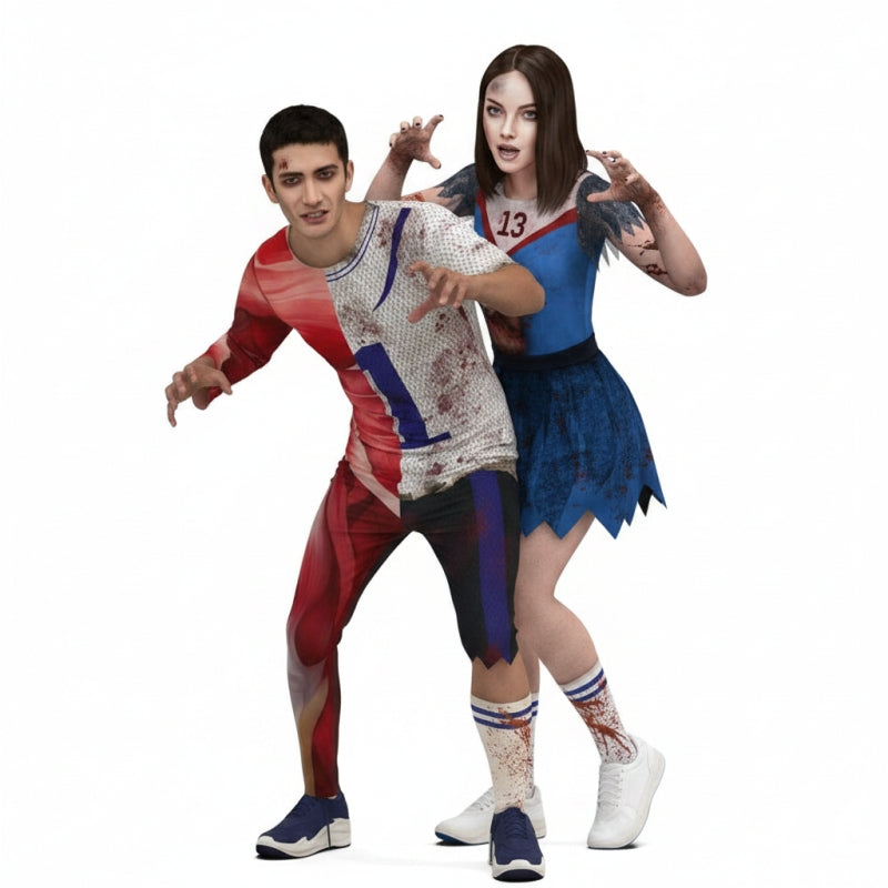 Fatos de casal Râguebi Universitário e Claqueira Zombies
