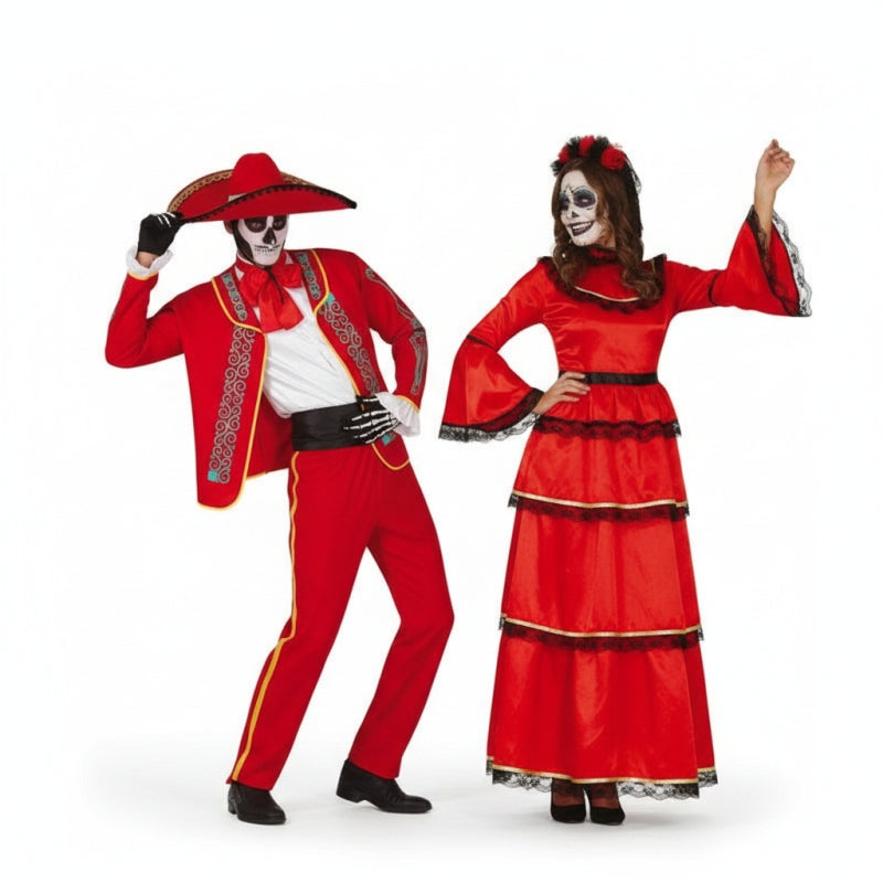 Fatos de casal Esqueletos mexicanos vermelhos