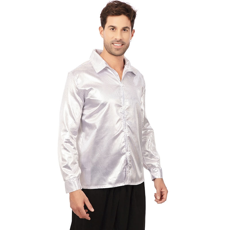 Camisa prateada de lantejoulas estilo disco dos anos 70