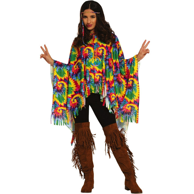 Geehora Disfraz Hippie Mujer Completo – Poncho Flower Power Años 70 Con Flecos Y Accesorios Para Carnaval Y Fiesta Temática (A