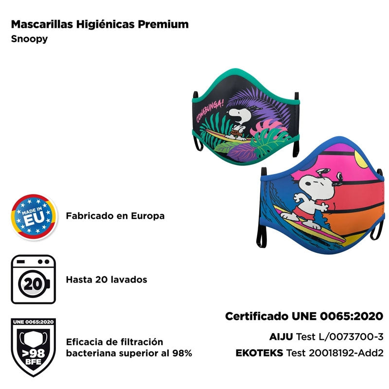 Mascarilla infantil de Snoopy certificado