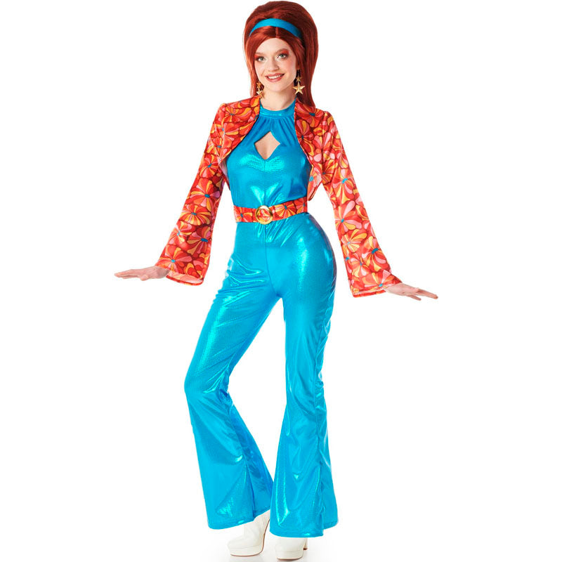 Disfraz de Disco azul años 70 para mujer
