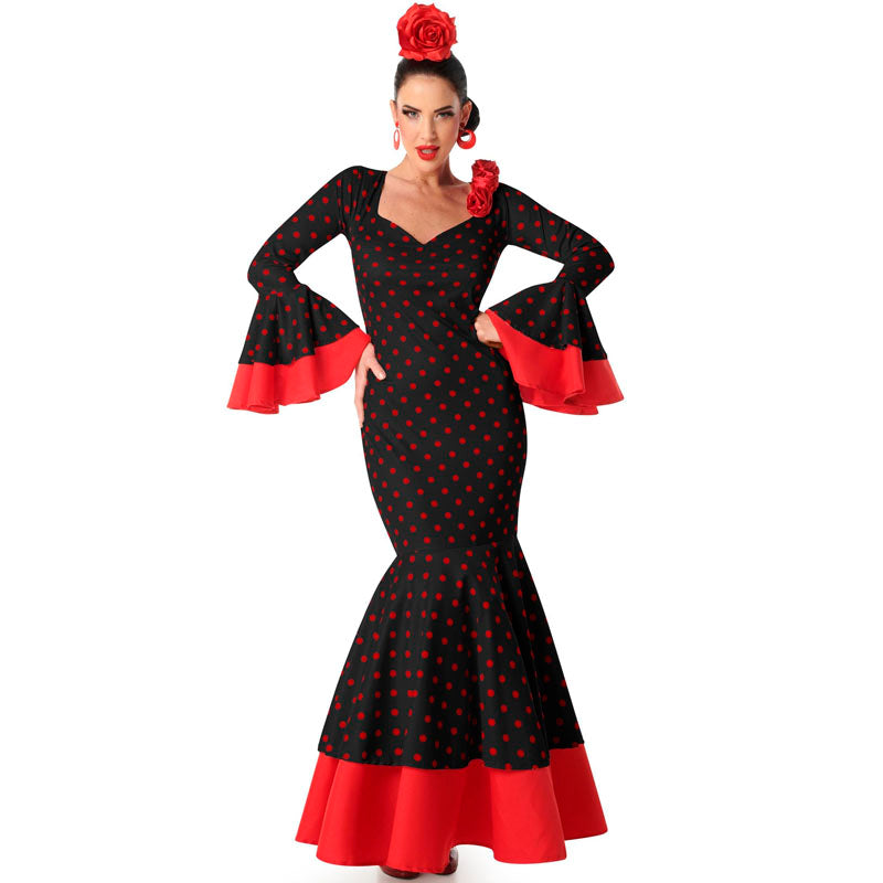 Fato de Flamenca preta com bolas vermelhas para mulher