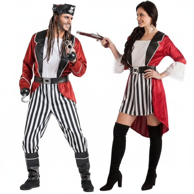 Fatos de casal pirata de barba preta