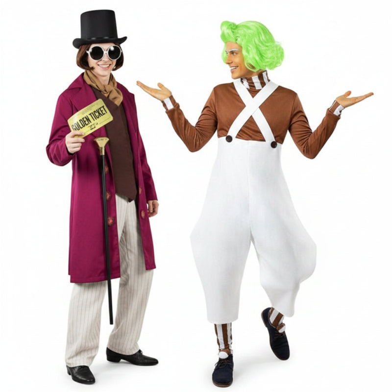 Fatos de casal Willy Wonka e Oompa-Loompa da Fábrica de Chocolate