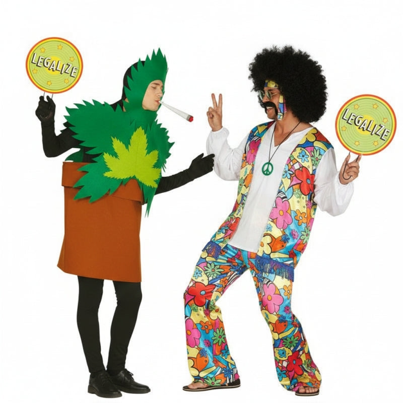 Fatos de casal Hippie e Planta Marijuana