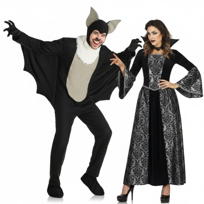 Fatos de casal Morcego e vampira prateada