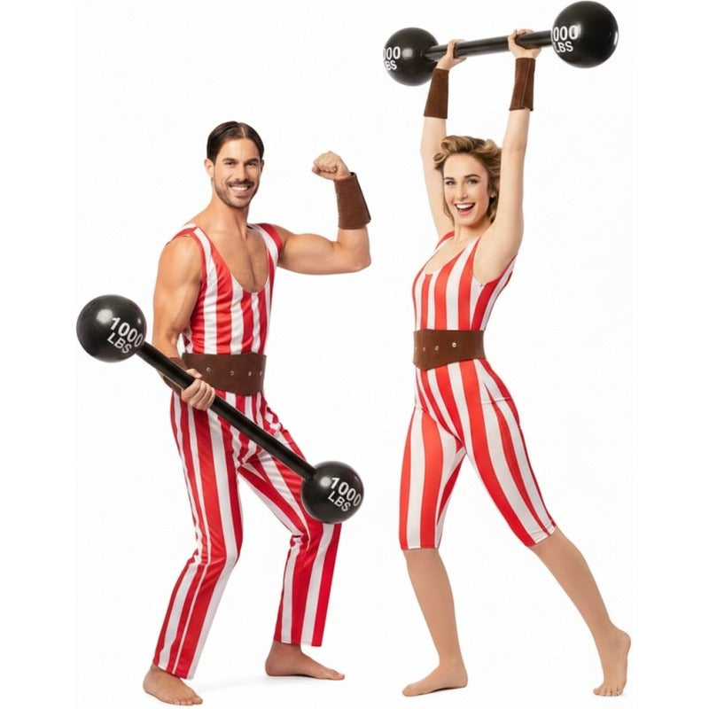 Fatos de casal Homens fortes de circo às riscas