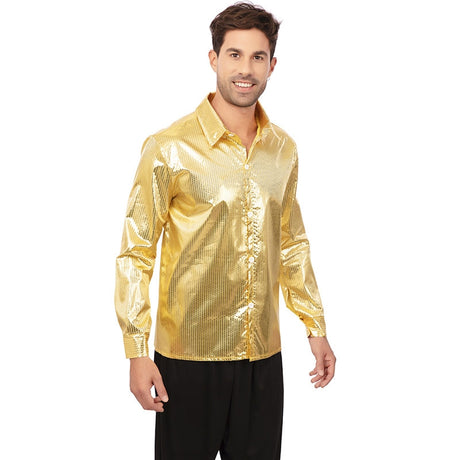 Camisa dourada de lantejoulas estilo disco dos anos 70