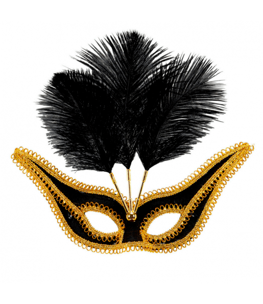 Máscara com detalhes dourados e plumas pretas para completar o seu fato Halloween e Carnaval
