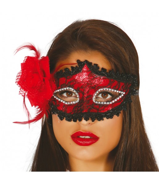 Máscara vermelha com rosa para completar o seu fato Halloween e Carnaval