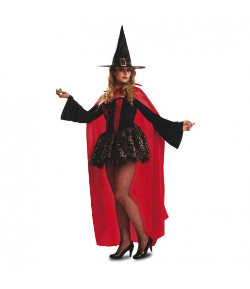 Fato de Bruxa com manto vermelho mulher para a noite de Halloween 