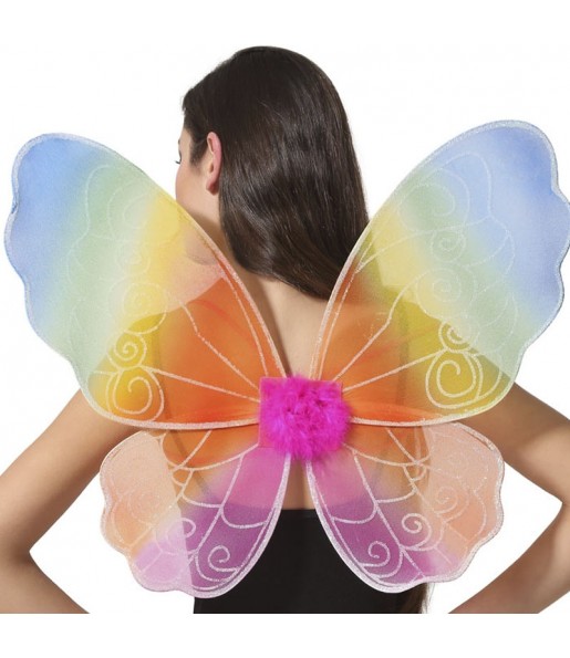 Asas de borboleta multicoloridas com marabu cor-de-rosa para completar o seu disfarce