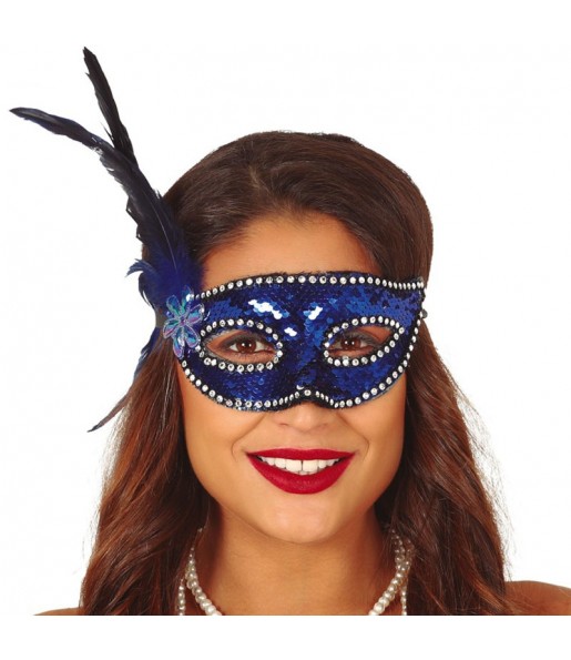 Máscara lantejoulas azul com pluma para completar o seu fato Halloween e Carnaval