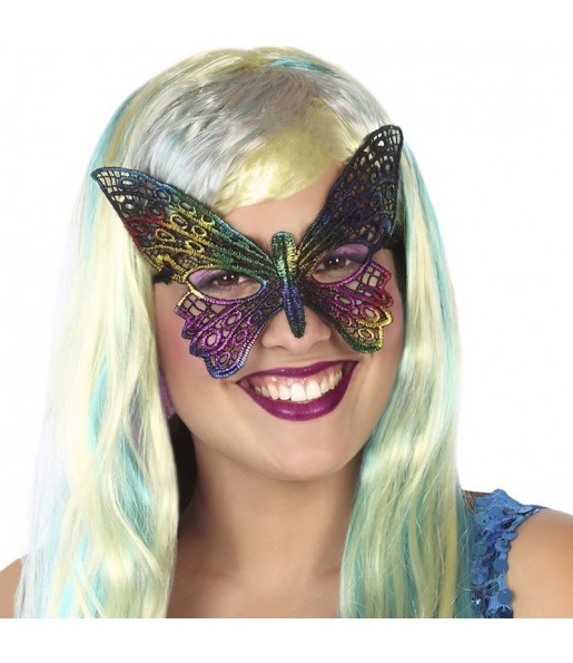 Máscara de borboleta multicolorida para completar o seu disfarce