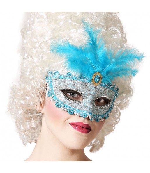 Máscara veneziana azul com pena para completar o seu disfarce