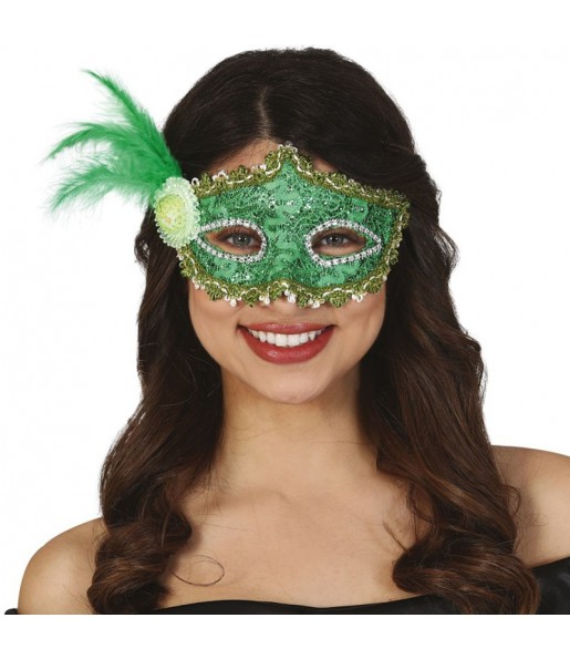 Máscara verde com pena para completar o seu disfarce