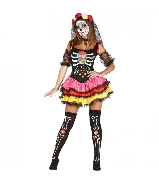 Fato de Catrina Mexicana colorida mulher para a noite de Halloween 