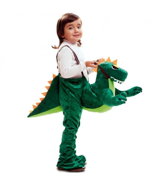 Disfarce de Dinossauro verde sobre os ombros para menino