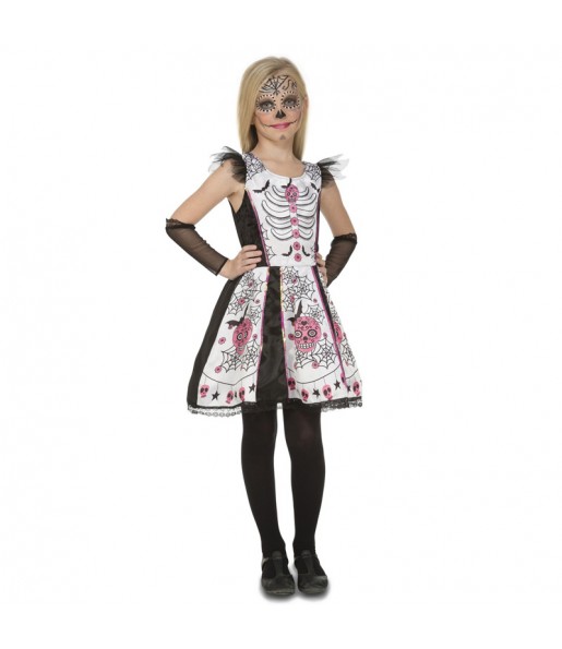 Disfarce Halloween Esqueleto Catrina branco meninas para uma festa Halloween