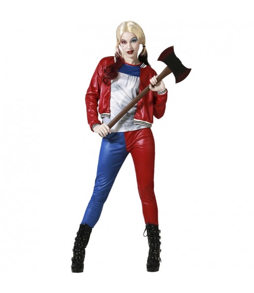 Disfarce de Harley Quinn azul e vermelho para mulher