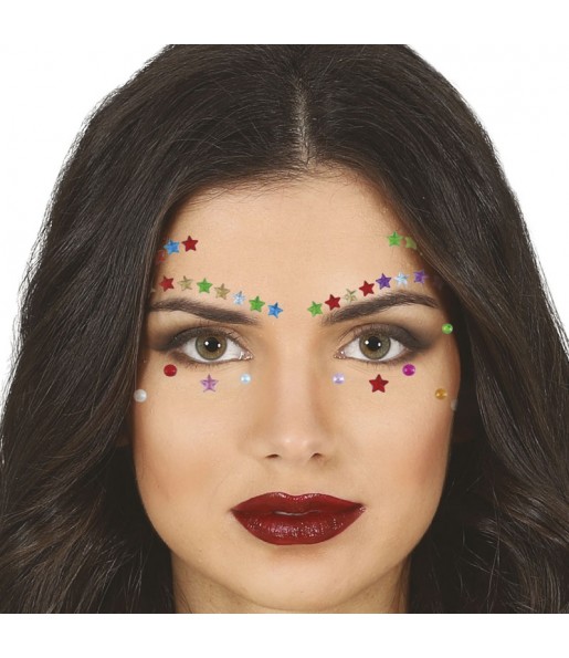 Bijutaria facial estrelas coloridas para completar o seu disfarce