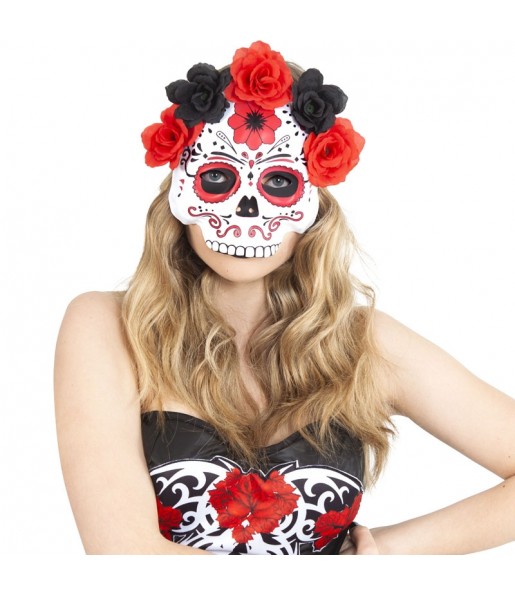 Máscara Catrina com flores vermelhas e pretas para completar o seu disfarce assutador
