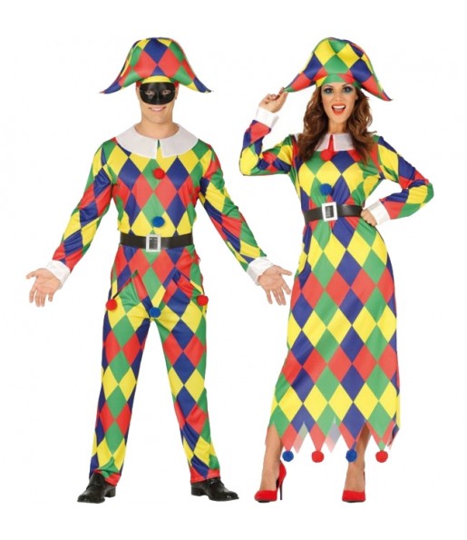 O casal Arlequins Multicolor original e engraçado para se disfraçar com o seu parceiro