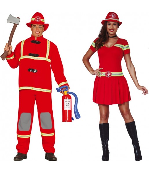 Fatos de casal Bombeiros com uniforme vermelho