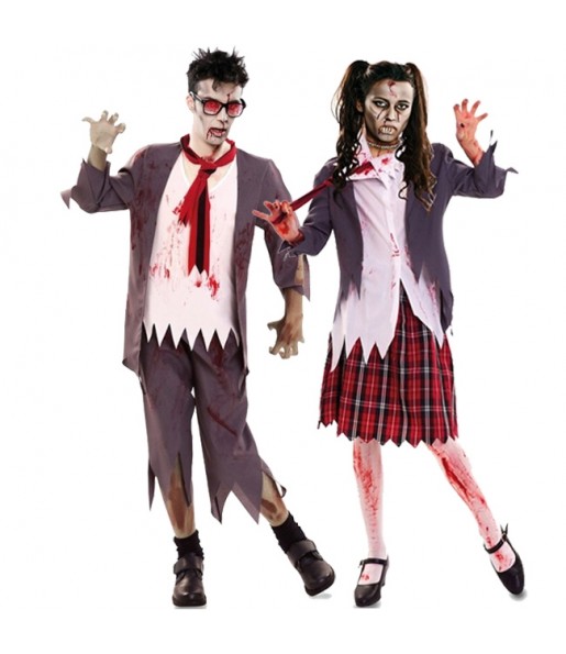 O casal estudantes zombies sangrentos original e engraçado para se disfraçar com o seu parceiro