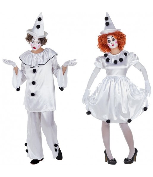 O casal palhaços Pierrot original e engraçado para se disfraçar com o seu parceiro