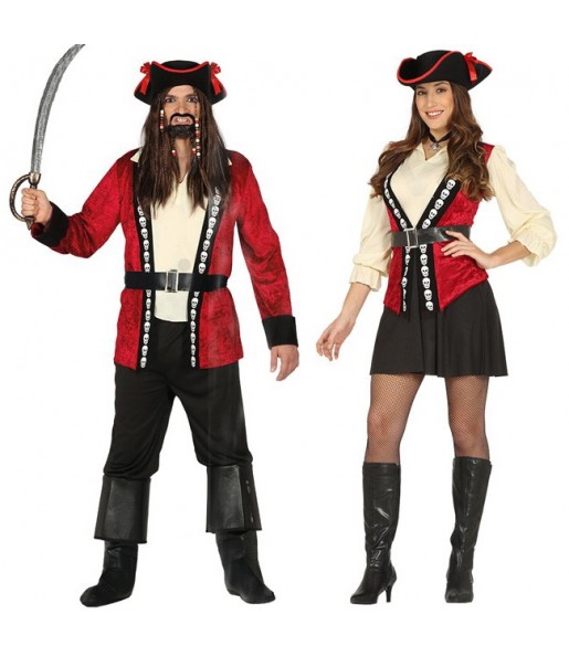O casal piratas de caveira vermelha original e engraçado para se disfraçar com o seu parceiro
