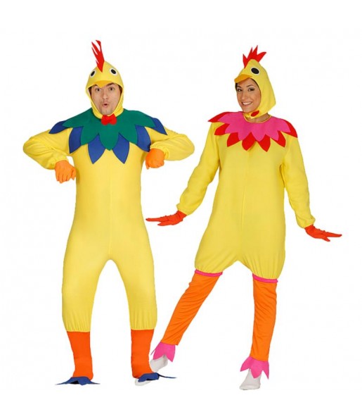 O casal Galo e galinha multicolor original e engraçado para se disfraçar com o seu parceiro