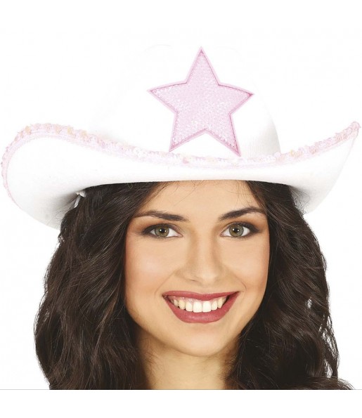 Chapéu de cowboy branco com estrela para completar o seu disfarce