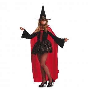 Fato de Bruxa com manto vermelho mulher para a noite de Halloween 