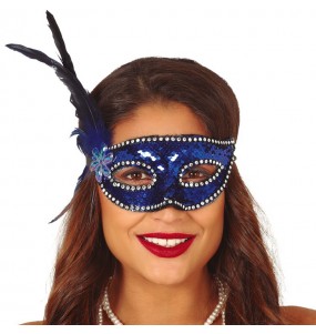 Máscara lantejoulas azul com pluma para completar o seu fato Halloween e Carnaval