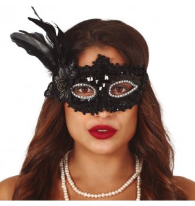 Máscara lantejoulas preta com pluma para completar o seu fato Halloween e Carnaval