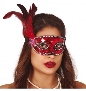 Máscara lantejoulas vermelha com pluma para completar o seu fato Halloween e Carnaval