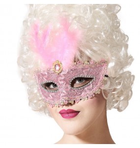 Máscara de veneziana cor-de-rosa com pena para completar o seu disfarce