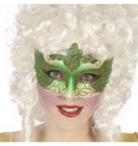 Máscara veneziana verde com purpurina para completar o seu disfarce
