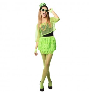 Disfarce de Festa de discoteca dos anos 80 em verde néon para mulher