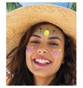 Bijutaria facial com flores tropicais para completar o seu disfarce