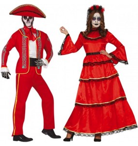 Fatos de casal Esqueletos mexicanos vermelhos