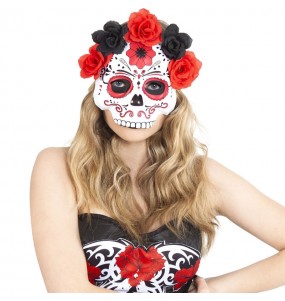 Máscara Catrina com flores vermelhas e pretas para completar o seu disfarce assutador