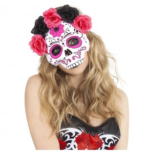 Máscara catrina com flores cor-de-rosa e pretas para completar o seu disfarce assutador
