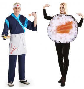 Fatos de casal Chefe Japonês e Maki Sushi