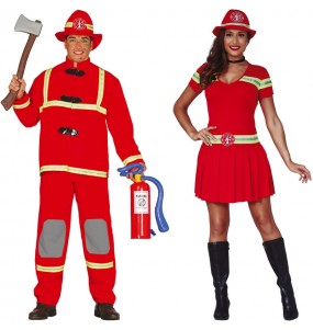 Fatos de casal Bombeiros com uniforme vermelho